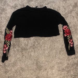 Black long-sleeved crop-t, embroidered mesh sleeve